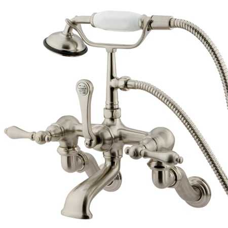 Kingston Brass Vintage Wall Mounted Clawfoot Tub Filler with Personal Hand Shower and Metal Lever Handles Brushed Nickel