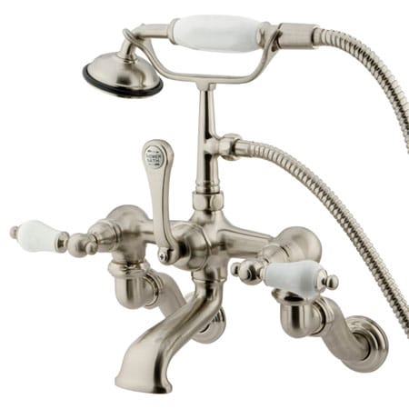 Kingston Brass Vintage Wall Mounted Clawfoot Tub Filler with Personal Hand Shower and Porcelain Lever Handles Brushed Nickel
