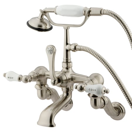 Kingston Brass Vintage Wall Mounted Clawfoot Tub Filler with Personal Hand Shower and Porcelain Lever Handles Brushed Nickel
