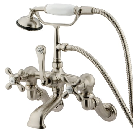 Kingston Brass Vintage Wall Mounted Clawfoot Tub Filler with Personal Hand Shower and Metal Cross Handles Brushed Nickel