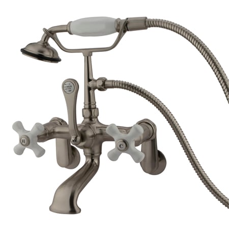 Kingston Brass Vintage Wall Mounted Clawfoot Tub Filler with Personal Hand Shower and Porcelain Cross Handles Brushed Nickel