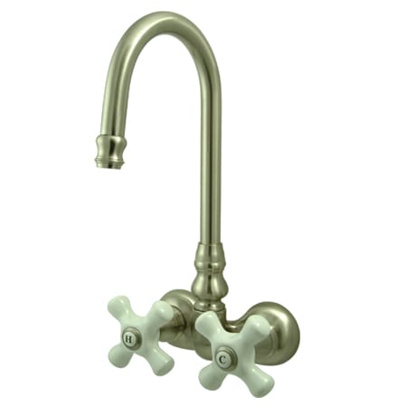 Kingston Brass Vintage Wall Mounted Clawfoot Tub Filler with Porcelain Cross Handles Brushed Nickel
