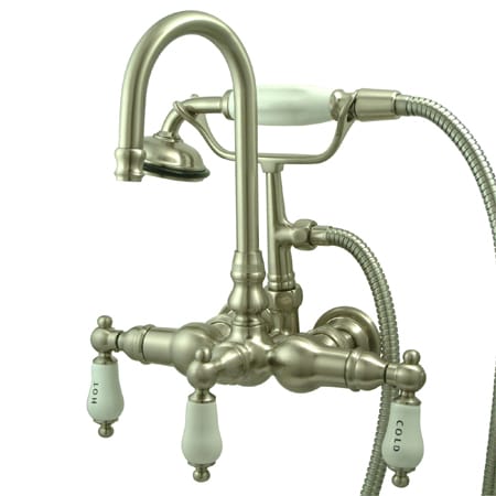Kingston Brass Vintage Wall Mounted Clawfoot Tub Filler with Personal Hand Shower and Porcelain Lever Handles Brushed Nickel