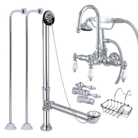 Kingston Brass Vintage Wall Mounted Clawfoot Tub Filler with 1.8 GPM Hand Shower, Tub Waste with Overflow, Service Stops, Connection Lines, and Bath Caddy Polished Chrome