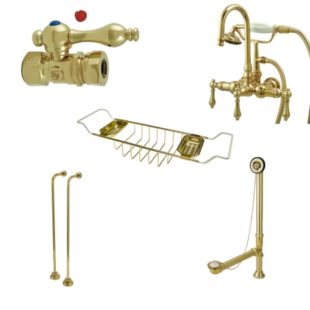 Kingston Brass Vintage Wall Mounted Clawfoot Tub Filler with 1.8 GPM Hand Shower, Tub Waste with Overflow, Service Stops, Connection Lines, and Bath Caddy Polished Brass