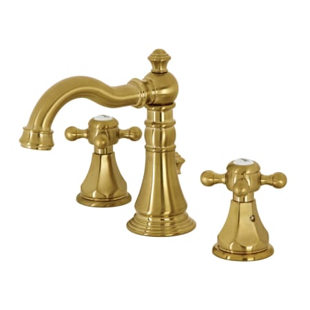 Kingston Brass Metropolitan 1.2 GPM Deck Mounted Widespread Bathroom Faucet with Pop-Up Drain Assembly Brushed Brass