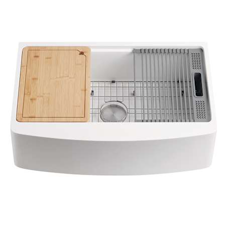 Kingston Brass Miranda 33" Farmhouse Single Basin Solid Surface Kitchen Sink with Basin Rack, Basket Strainer, Cutting Board and Drain Board Glossy White