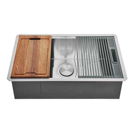 Kingston Brass Uptowne 32" Undermount Single Basin Stainless Steel Kitchen Sink with Basket Strainer, Cutting Board and Drain Board Brushed