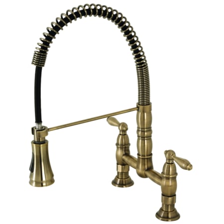 Kingston Brass Heritage 1.8 GPM Deck Mounted Bridge Pull Down Double Handle Kitchen Faucet Antique Brass
