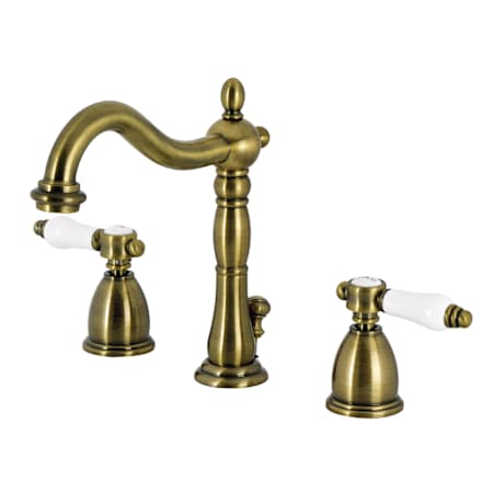 Kingston Brass Bel-Air 1.2 GPM Widespread Bathroom Faucet with Pop-Up Drain Assembly and Dual Porcelain Handles Antique Brass