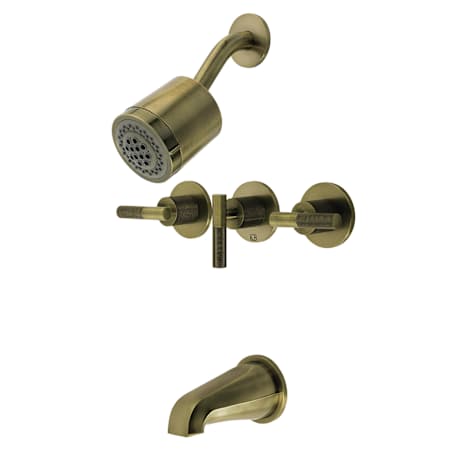Kingston Brass Convergent Tub and Shower Trim Package with 7.0 GMP Spout and 1.8 GPM Single Function Shower Head Antique Brass