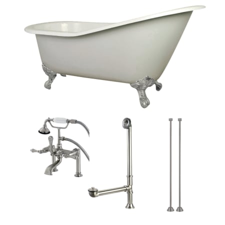 Kingston Brass Aqua Eden 62" Free Standing Brass and Cast Iron Soaking Tub with Tub Filler, Reversible Drain, Drain Assembly, and Overflow White / Brushed Nickel Feet