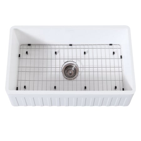 Kingston Brass Arcticstone 30" Farmhouse Single Basin Stainless Steel and Stone Composite Kitchen Sink with Basin Rack and Basket Strainer Matte White / Brushed Stainless Steel