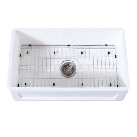 Kingston Brass Arcticstone 30" Farmhouse Single Basin Stainless Steel and Stone Composite Kitchen Sink with Basin Rack and Basket Strainer Matte White / Brushed Stainless Steel