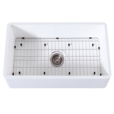 Kingston Brass Arcticstone 33" Farmhouse Single Basin Stone Composite Kitchen Sink with Basin Rack and Basket Strainer Matte White / Brushed
