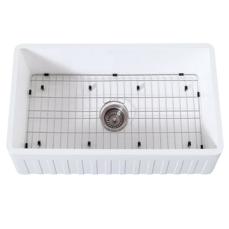 Kingston Brass Arcticstone 33" Farmhouse Single Basin Stone Composite Kitchen Sink with Basin Rack and Basket Strainer Matte White / Brushed