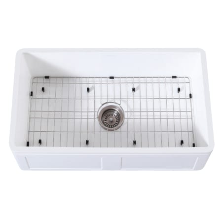 Kingston Brass Arcticstone 33" Farmhouse Single Basin Stone Composite Kitchen Sink with Basin Rack and Basket Strainer Matte White / Brushed