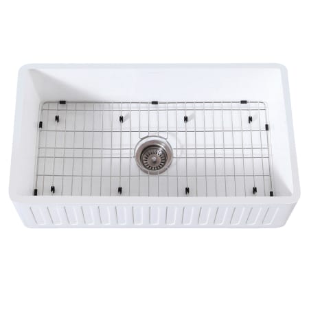 Kingston Brass Arcticstone 33" Farmhouse Single Basin Stone Composite Kitchen Sink with Basin Rack and Basket Strainer Matte White / Brushed