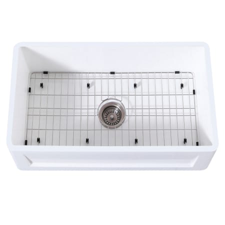 Kingston Brass Arcticstone 33" Farmhouse Single Basin Stone Composite Kitchen Sink with Basin Rack and Basket Strainer Matte White / Brushed