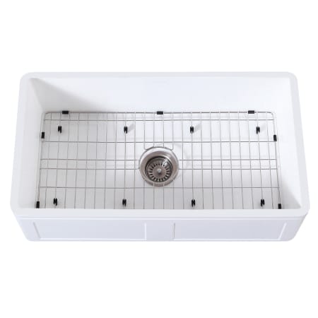 Kingston Brass Arcticstone 36" Farmhouse Single Basin Stone Composite Kitchen Sink with Basin Rack and Basket Strainer Matte White / Brushed