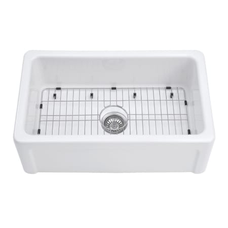 Kingston Brass Traditional 30-1/16" Farmhouse Single Basin Fireclay Kitchen Sink with Basket Strainer Glossy White