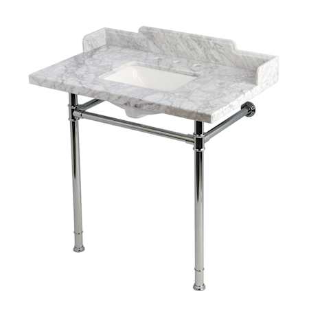 Kingston Brass Wesselman 36" Rectangular Marble and Stainless Steel Console Bathroom Sink Set with Overflow and 3 Faucet Holes at 8" Centers Carrara White / Polished Chrome