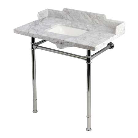 Kingston Brass Wesselman 36" Rectangular Marble and Stainless Steel Console Bathroom Sink Set with Overflow and 3 Faucet Holes at 8" Centers Carrara White / Polished Chrome