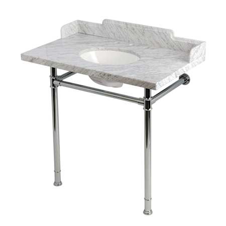 Kingston Brass Wesselman 36" Rectangular Marble and Stainless Steel Console Bathroom Sink Set with Overflow and 3 Faucet Holes at 8" Centers Carrara White / Polished Chrome