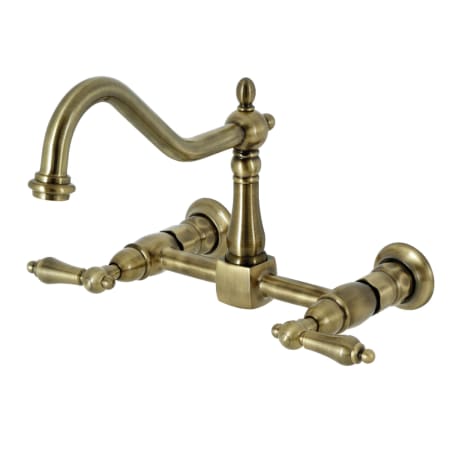 Kingston Brass Heritage 1.8 GPM Wall Mounted Widespread Bridge Kitchen Faucet - Includes Escutcheon Antique Brass