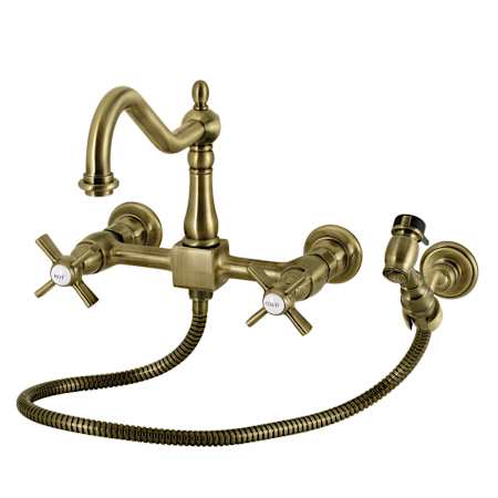 Kingston Brass Millennium 1.8 GPM Wall Mounted Widespread Bridge Kitchen Faucet - Includes Side Spray Antique Brass