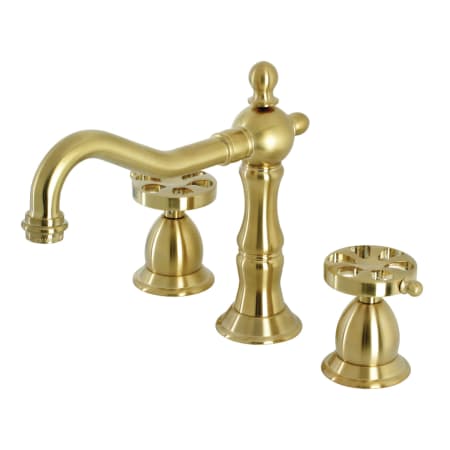 Kingston Brass Belknap 1.2 GPM Deck Mounted Widespread Bathroom Faucet with Pop-Up Drain Assembly Brushed Brass
