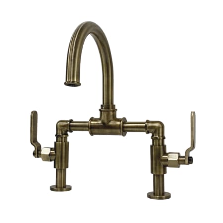 Kingston Brass Whitaker 1.2 GPM Deck Mounted Bridge Bathroom Faucet with Pop-Up Drain Assembly Antique Brass