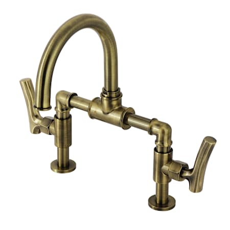 Kingston Brass Hallerbos 1.2 GPM Bridge, Widespread Bathroom Faucet with Pop-Up Drain Assembly Antique Brass