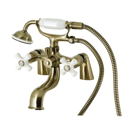 Kingston Brass Kingston Deck Mounted 8-7/16" Tub Filler with Built-In Diverter - Includes Hand Shower Antique Brass