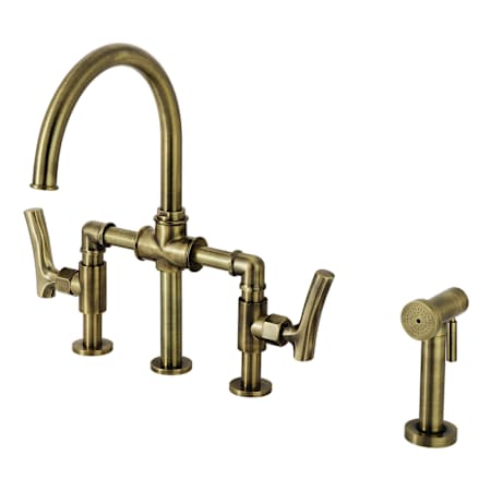 Kingston Brass Hallerbos 1.8 GPM Widespread Bridge Kitchen Faucet - Includes Side Spray Antique Brass