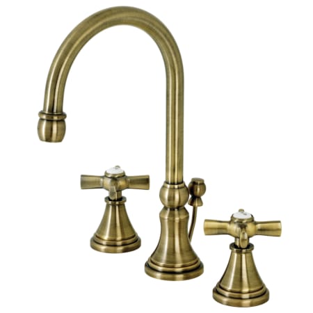 Kingston Brass Millennium 1.2 GPM Deck Mounted Widespread Bathroom Faucet with Pop-Up Drain Assembly Antique Brass