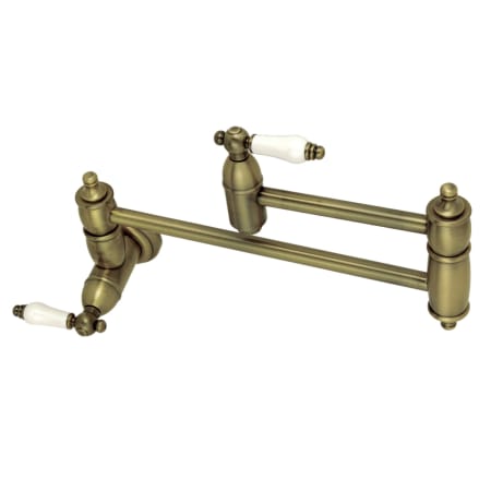 Kingston Brass Restoration 3.8 GPM Wall Mounted Double Handle Pot Filler Faucet with Porcelain Lever Handles Antique Brass