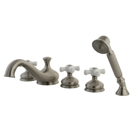 Kingston Brass Restoration Deck Mounted Roman Tub Filler with Built-In Diverter - Includes Hand Shower Brushed Nickel