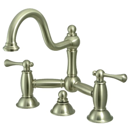 Kingston Brass Restoration 1.2 GPM Bridge, Widespread Bathroom Faucet with Pop-Up Drain Assembly Brushed Nickel