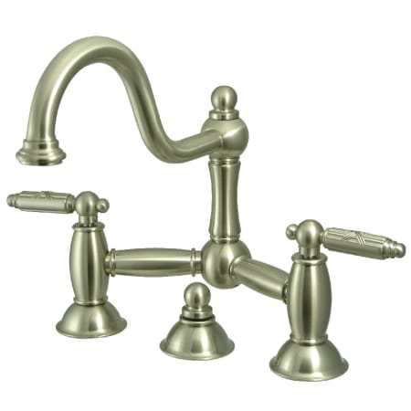 Kingston Brass Restoration 1.2 GPM Bridge, Widespread Bathroom Faucet with Pop-Up Drain Assembly Brushed Nickel