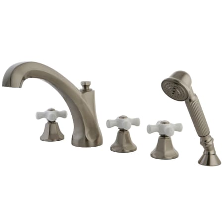 Kingston Brass Deck Mounted Roman Tub Filler with Built-In Diverter - Includes Hand Shower Brushed Nickel