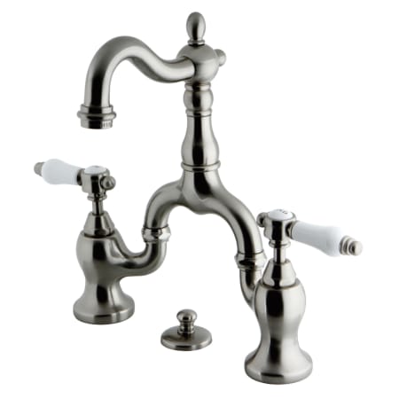 Kingston Brass Bel-Air 1.2 GPM Deck Mounted Bridge Bathroom Faucet with Pop-Up Drain Assembly Brushed Nickel