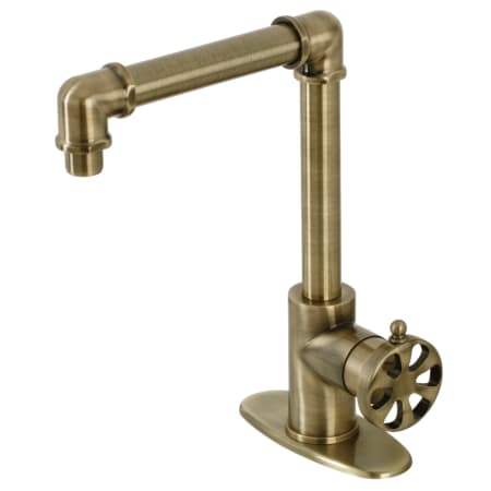 Kingston Brass Belknap 1.2 GPM Deck Mounted Single Hole Bathroom Faucet with Push Pop-Up Drain Assembly Antique Brass