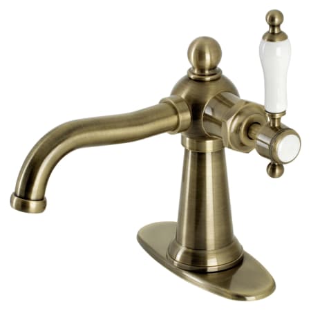 Kingston Brass Nautical 1.2 GPM Deck Mounted Single Hole Bathroom Faucet with Push Pop-Up Drain Assembly Antique Brass