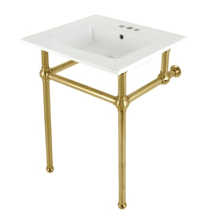 Kingston Brass Addington 25-3/16" Rectangular Brass, Ceramic Console Bathroom Sink with Overflow and 3 Faucet Holes at 4" Centers White / Brushed Brass