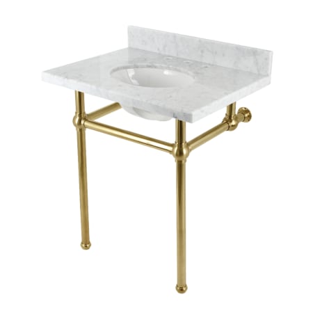 Kingston Brass Addington 30" Rectangular Brass, Marble Console Bathroom Sink with Overflow and 3 Faucet Holes at 8" Centers Marble White / Brushed Brass