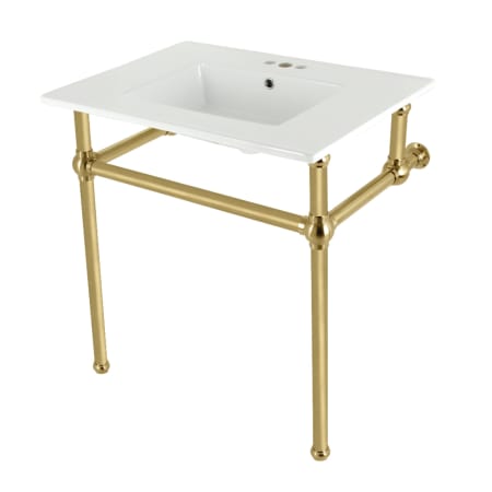 Kingston Brass Addington 31-1/8" Rectangular Brass, Ceramic Console Bathroom Sink with Overflow and 3 Faucet Holes at 4" Centers White / Brushed Brass