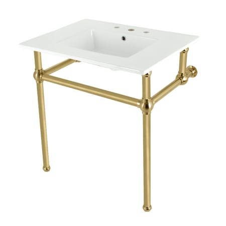 Kingston Brass Addington 31-1/8" Rectangular Brass, Ceramic Console Bathroom Sink with Overflow and 3 Faucet Holes at 8" Centers White / Brushed Brass