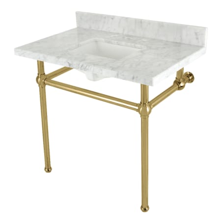 Kingston Brass Addington 36" Rectangular Brass, Marble Console Bathroom Sink with Overflow and 3 Faucet Holes at 8" Centers Marble White / Brushed Brass