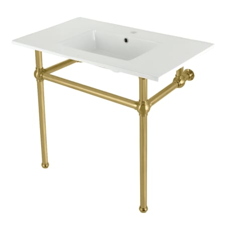 Kingston Brass Addington 37-3/8" Rectangular Brass, Ceramic Console Bathroom Sink with Overflow and Single Faucet Hole White / Brushed Brass